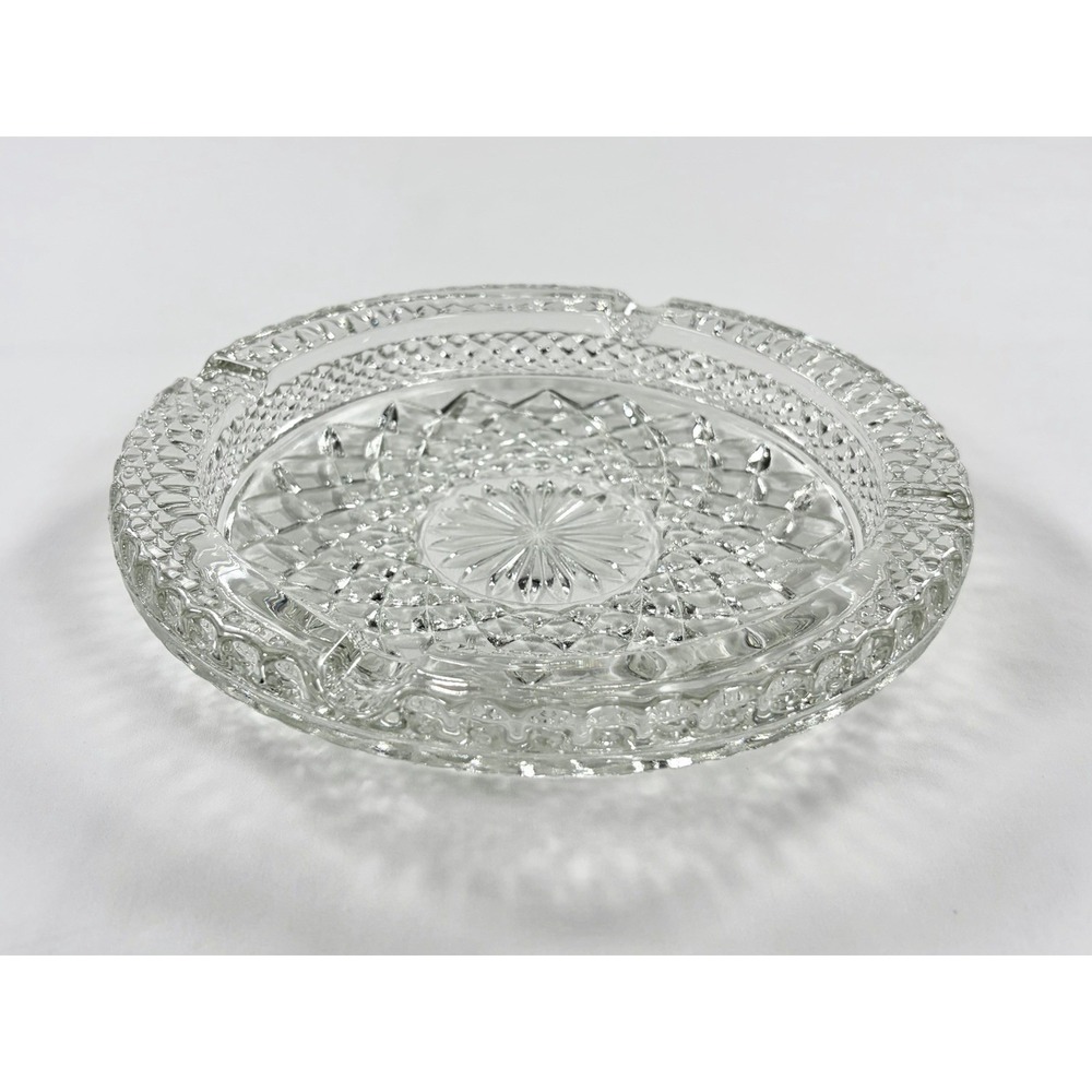 Vintage 60s Anchor Hocking Wexford Clear Glass Ashtray Diamond Point 8.5" Round